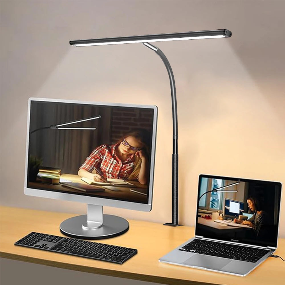 Lampe de bureau LED à pince – double ou triple tête, 3 modes de couleur, bras ajustable, éclairage large, protection des yeux