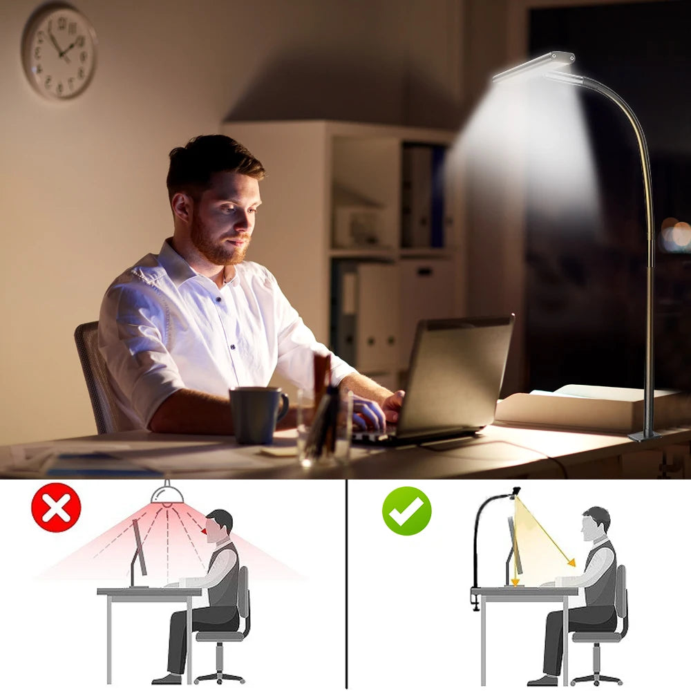 Lampe de bureau LED à pince – double ou triple tête, 3 modes de couleur, bras ajustable, éclairage large, protection des yeux