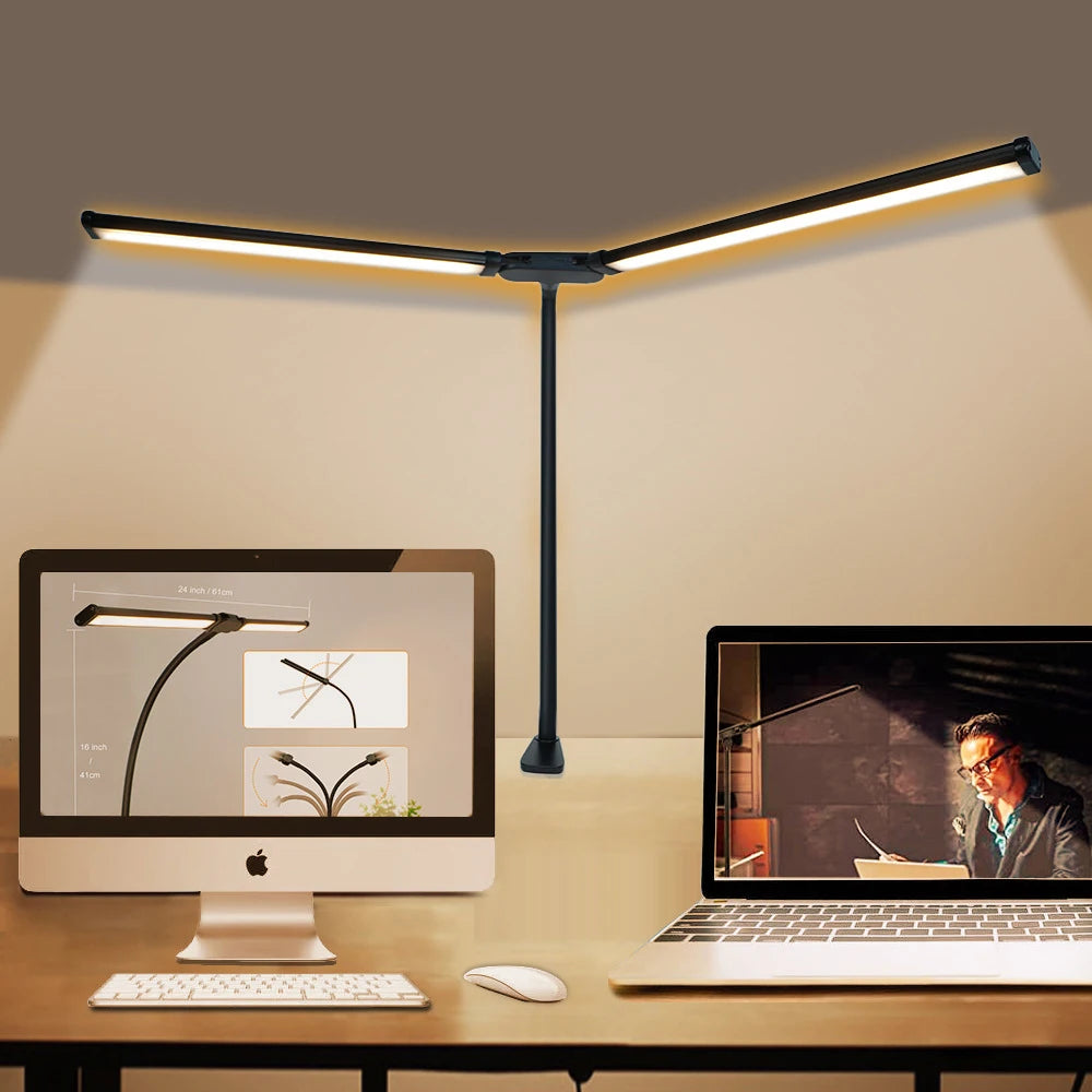 Lampe de bureau LED à pince – double ou triple tête, 3 modes de couleur, bras ajustable, éclairage large, protection des yeux