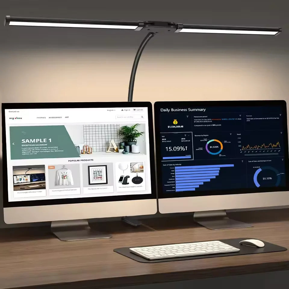 Lampe de bureau LED à pince – double ou triple tête, 3 modes de couleur, bras ajustable, éclairage large, protection des yeux